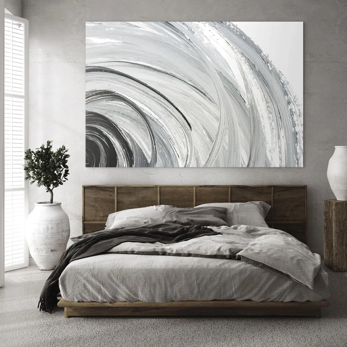Obraz na skle - Čiernobiela špirála s dynamickými ťahmi štetcom. - 70x50cm - Orbitálna kompozícia - Moderná nástenná dekorácia do obývacej izby a spálne ARTTOR