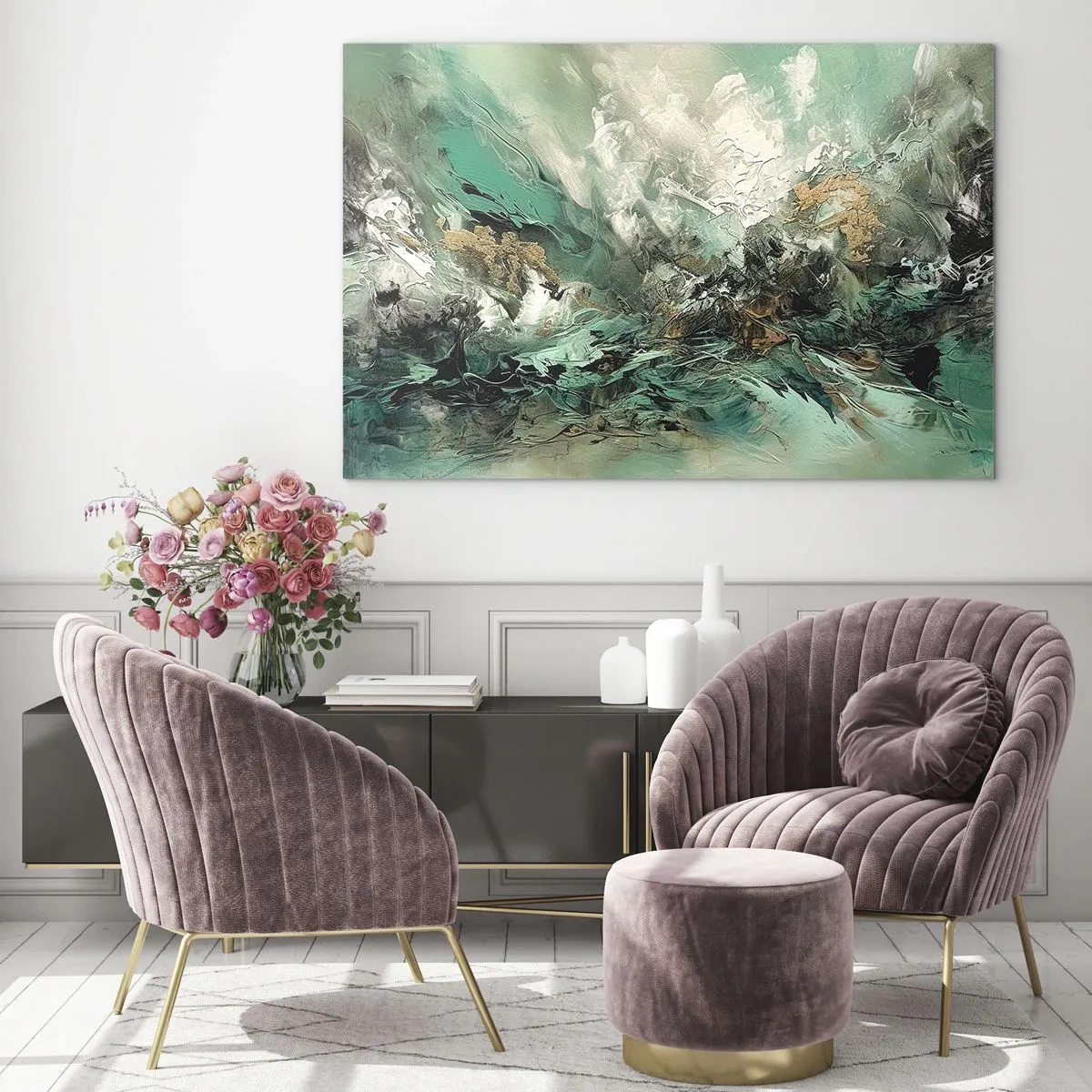 Obraz na skle - Abstraktná kompozícia v odtieňoch smaragdovej, čiernej a bielej. - 70x50cm - Smaragdovočierne vlnobitie - Moderná nástenná dekorácia do obývacej izby a spálne ARTTOR