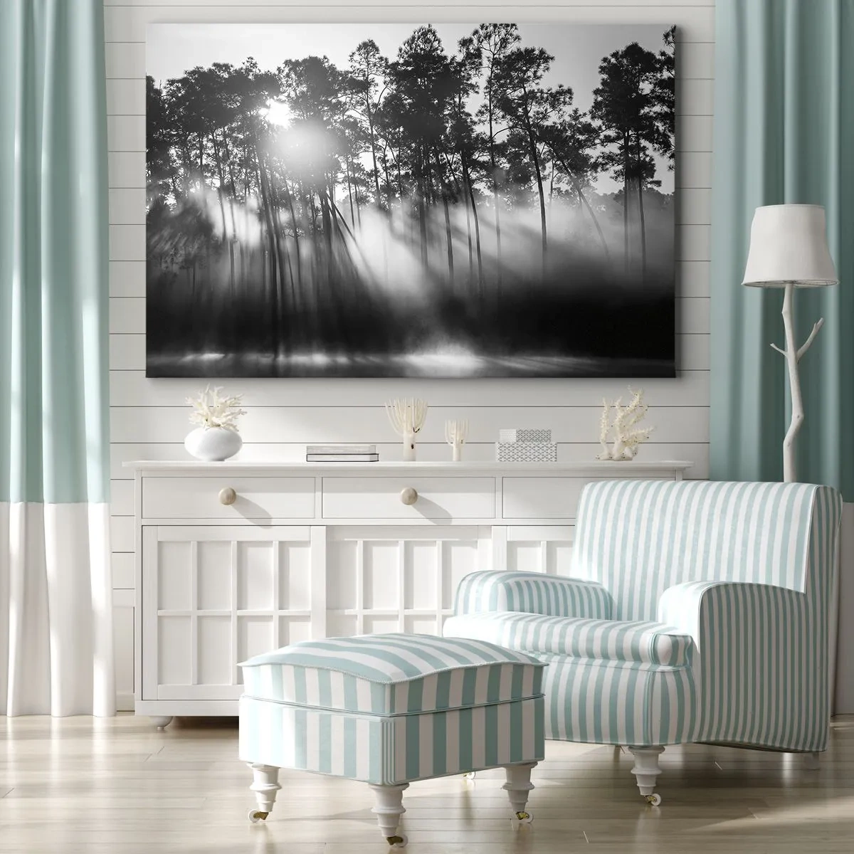 Obraz na plátne - Čiernobiely les v rannej hmle - 70x50cm - Nezastaviteľné slnko - Moderná nástenná dekorácia do obývacej izby a spálne ARTTOR