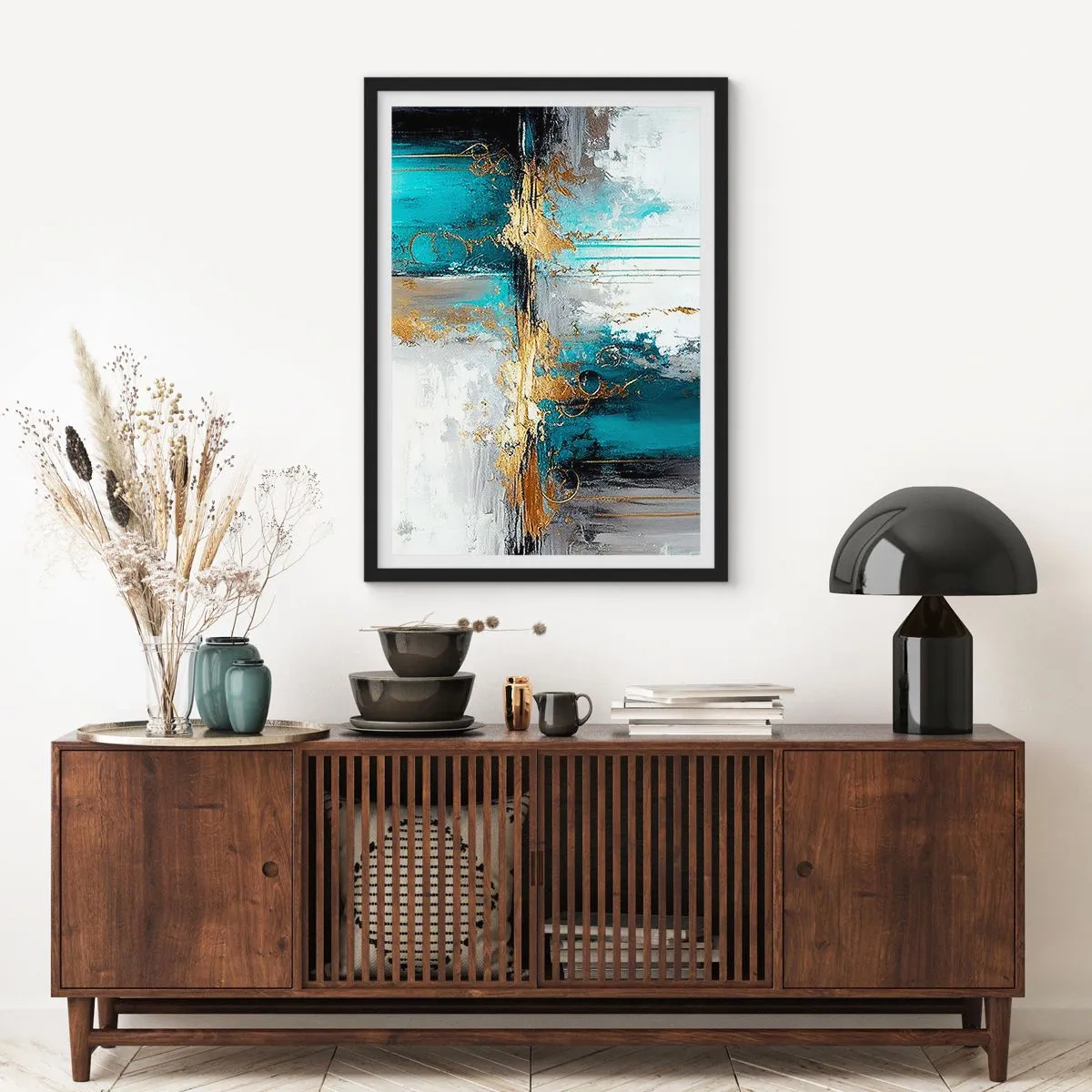 Plagát v čiernom ráme - Abstraktná kompozícia v odtieňoch tyrkysovej a zlatej. - 50x70cm - Všetko plynie - Moderná nástenná dekorácia do obývacej izby a spálne ARTTOR