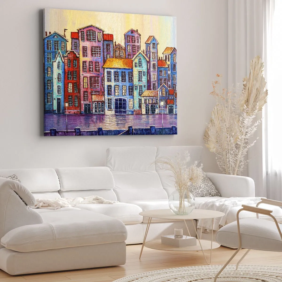 Obraz na plátne - Farebné činžiakové domy pri vode v umeleckom štýle - 70x50cm - Mesto ako z rozprávky - Moderná nástenná dekorácia do obývacej izby a spálne ARTTOR