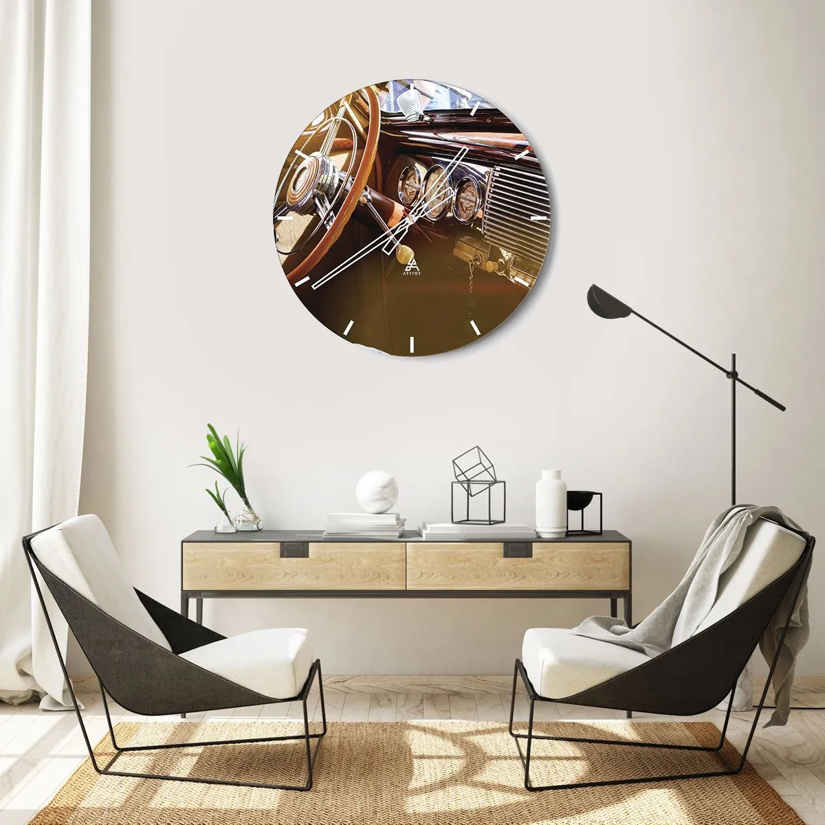 Nástenné hodiny - Interiér klasického auta s dreveným obložením - 30x30cm - Závan luxusu z minulosti - Moderná nástenná dekorácia do obývacej izby, kuchyne a spálne ARTTOR