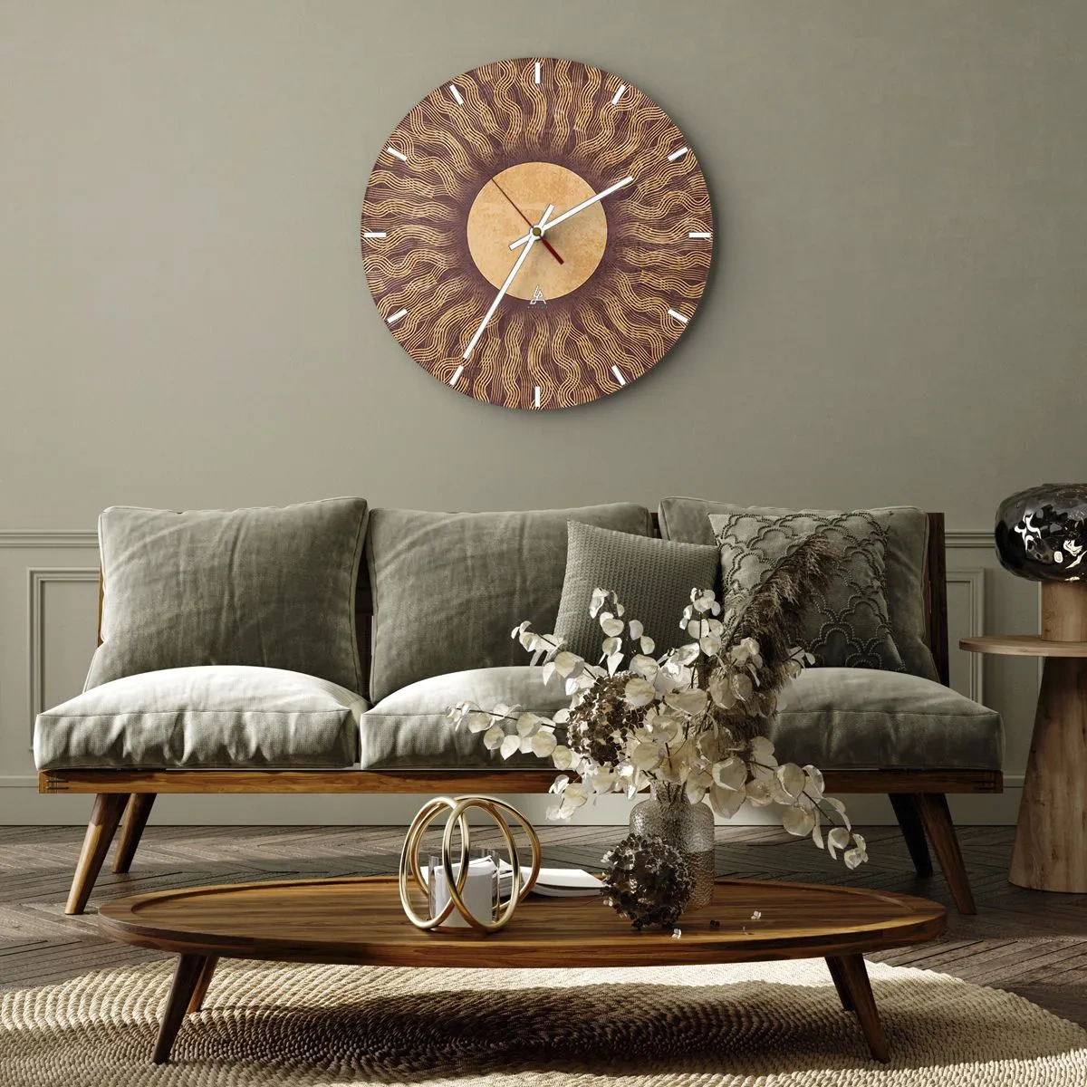 Nástenné hodiny - Slnečné hodiny so žiarivým vzorom v teplých farbách - 30x30cm - Ikona slnka - Moderná nástenná dekorácia do obývacej izby, kuchyne a spálne ARTTOR