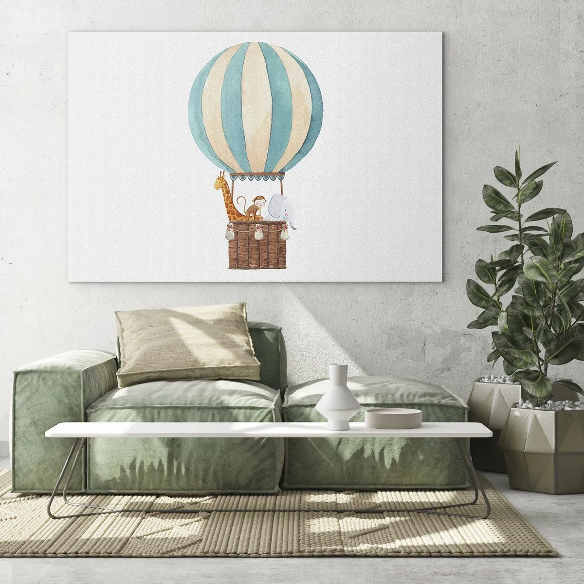 Obraz na skle - Balón so žirafou, opicou a slonom na bielom pozadí - 70x50cm - Fantastický výlet - Moderná nástenná dekorácia do obývacej izby a spálne ARTTOR