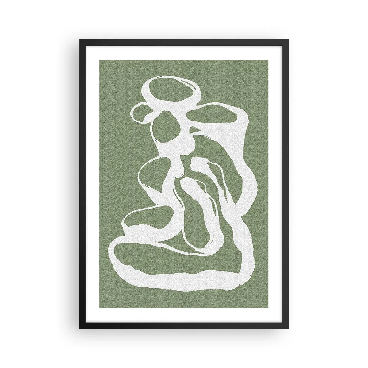 Plagát v čiernom ráme - Abstraktná biela kompozícia na zelenom pozadí - 50x70cm - Volanie priestoru - Moderná nástenná dekorácia do obývacej izby a spálne ARTTOR