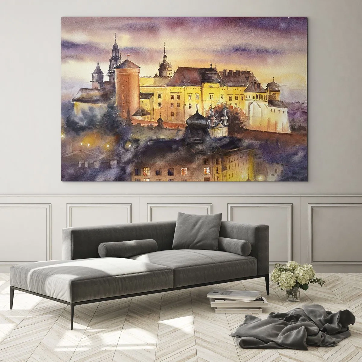 Obraz na skle - Akvarelová ilustrácia hradu na kopci pri západe slnka - 70x50cm - Dejiny a rozprávka - Moderná nástenná dekorácia do obývacej izby a spálne ARTTOR