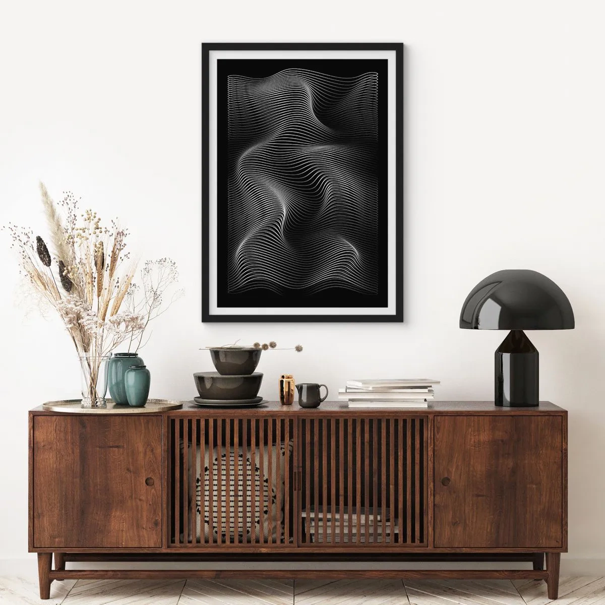 Plagát v čiernom ráme - Minimalistické vlny v čiernej a bielej farbe - 50x70cm - Tanec svetla v priestore - Moderná nástenná dekorácia do obývacej izby a spálne ARTTOR