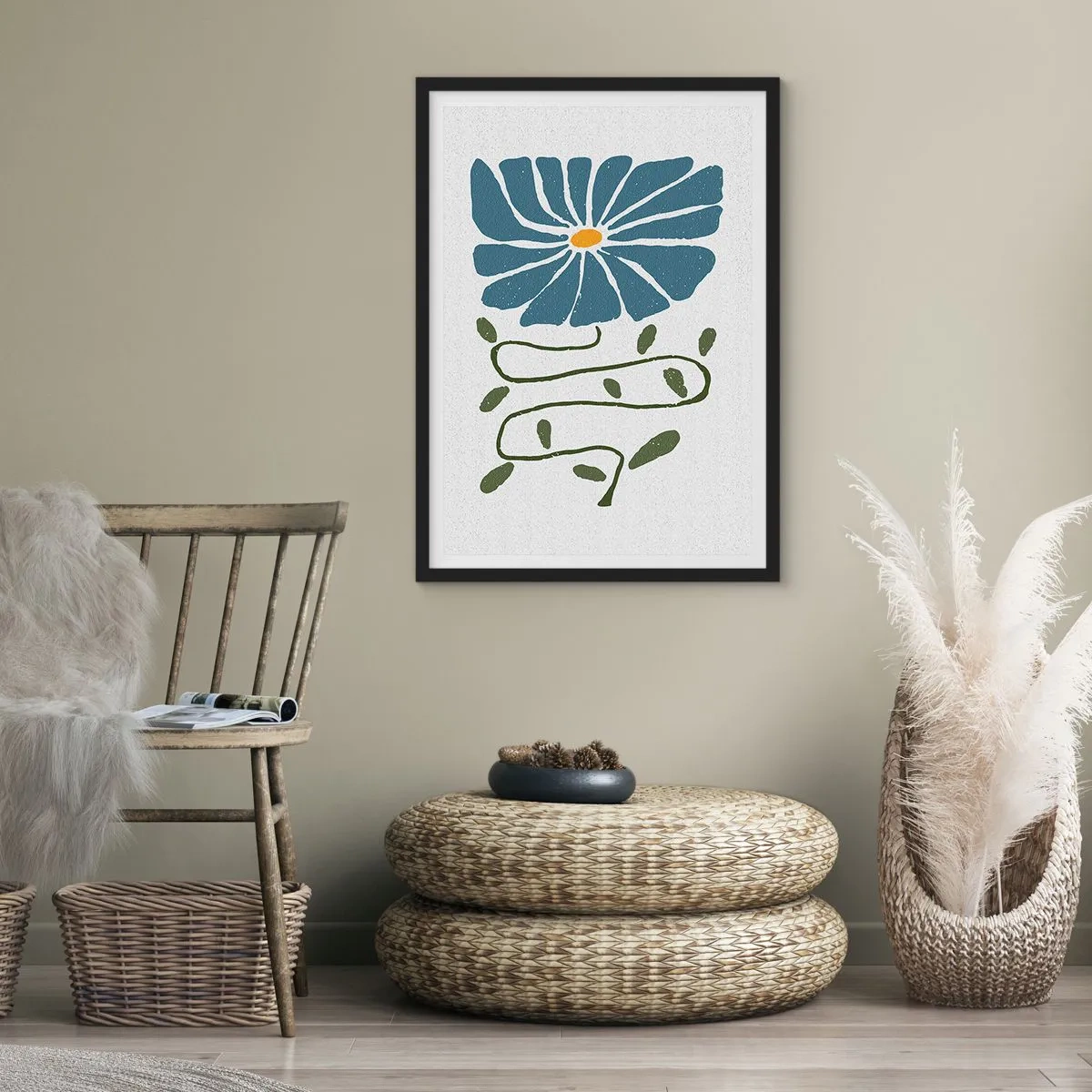 Plagát v čiernom ráme - Modrý kvet s kľukatou stonkou na svetlom pozadí - 50x70cm - Vetvičkou ku kvetu - Moderná nástenná dekorácia do obývacej izby a spálne ARTTOR