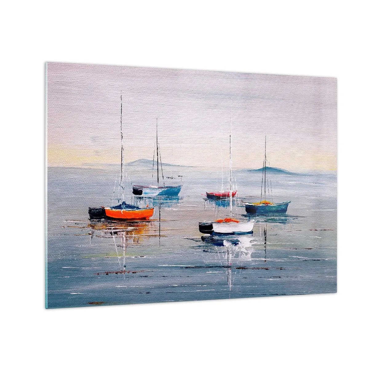 Obraz na skle - Farebné lode unášané pokojnou vodou pri západe slnka - 70x50cm - Zaslúžený odpočinok - Moderná nástenná dekorácia do obývacej izby a spálne ARTTOR