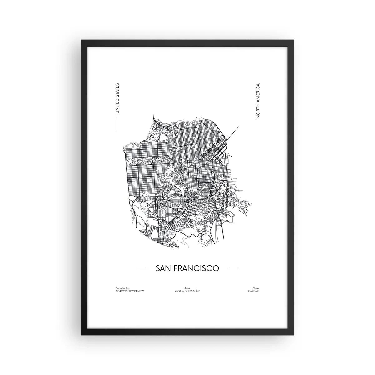 Plagát v čiernom ráme - Minimalistická mapa San Francisca v čiernobielej farbe. - 50x70cm - Anatómia San Francisca - Moderná nástenná dekorácia do obývacej izby a spálne ARTTOR