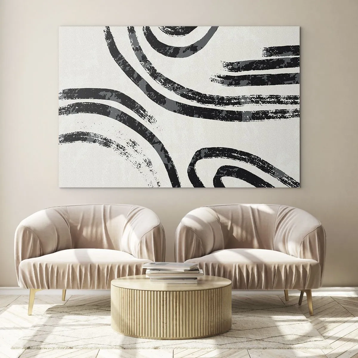 Obraz na skle - Čierne polkruhové čiary v minimalistickej abstrakcii na svetlom pozadí - 70x50cm - Napoly zastavený - Moderná nástenná dekorácia do obývacej izby a spálne ARTTOR