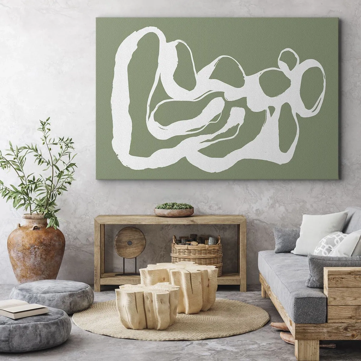 Obraz na plátne - Organické tvary v bielej farbe na zelenom pozadí - 70x50cm - Volanie priestoru - Moderná nástenná dekorácia do obývacej izby a spálne ARTTOR