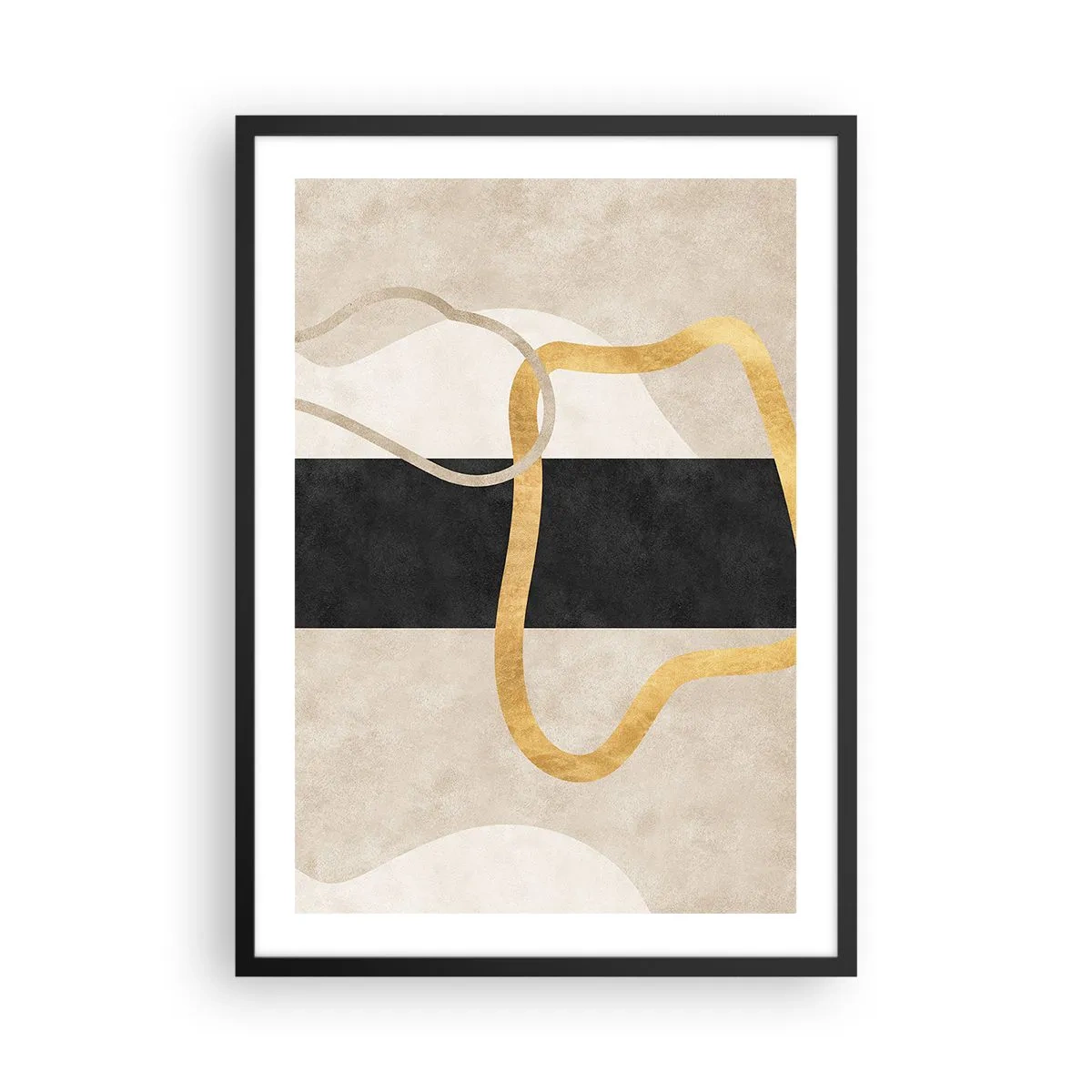Plagát v čiernom ráme - Abstraktná kompozícia s čiernym, zlatým a neutrálnym pozadím - 50x70cm - Tvary v slučke - Moderná nástenná dekorácia do obývacej izby a spálne ARTTOR
