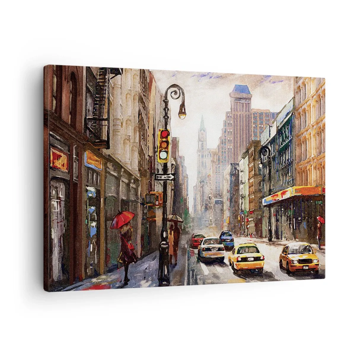 Obraz na plátne - Panoráma mesta s ulicou a žltými taxíkmi - 70x50cm - New York – farebný aj v daždi - Moderná nástenná dekorácia do obývacej izby a spálne ARTTOR