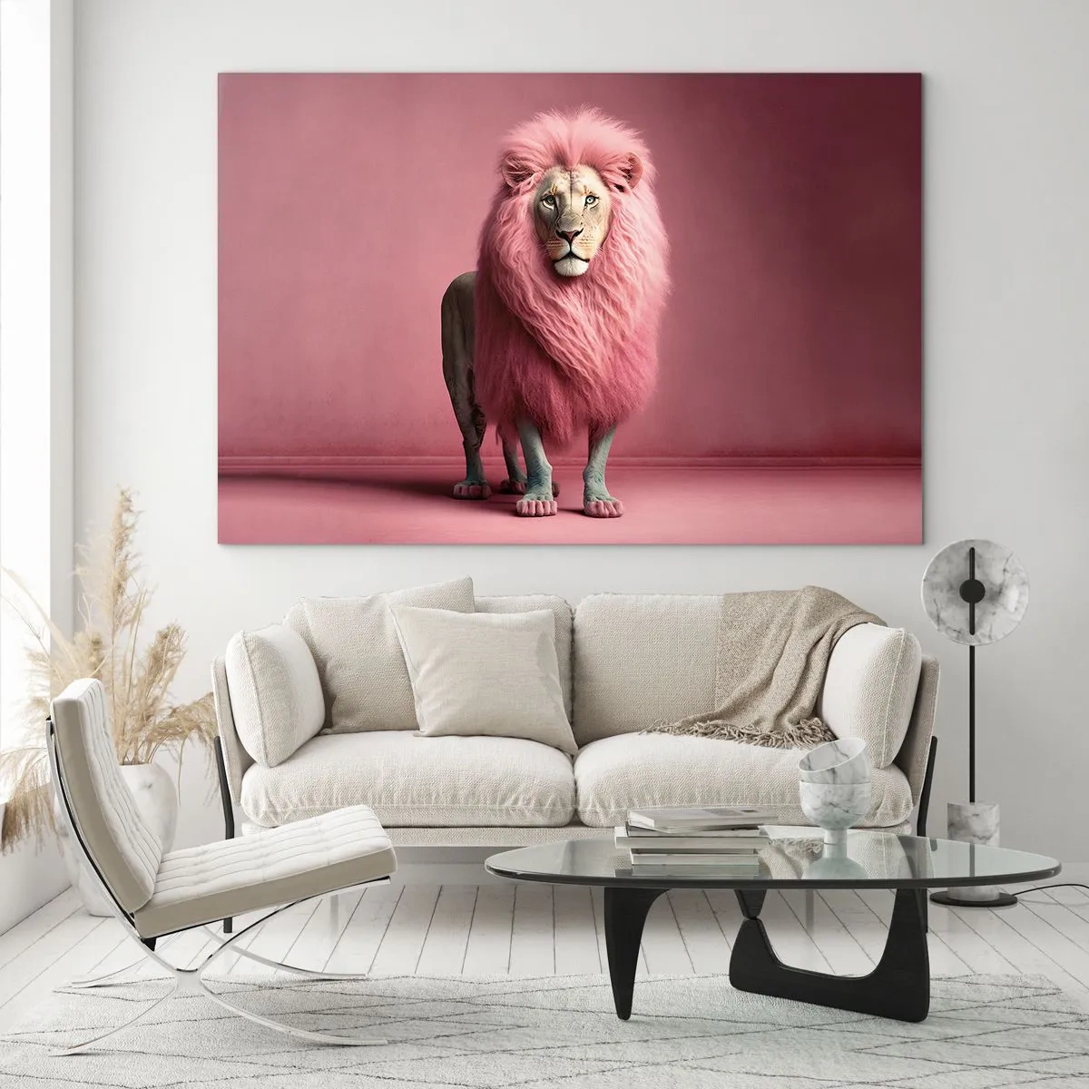 Obraz na skle - Lev s ružovou hrivou na pastelovej stene - 70x50cm - A už sa nebojíš - Moderná nástenná dekorácia do obývacej izby a spálne ARTTOR