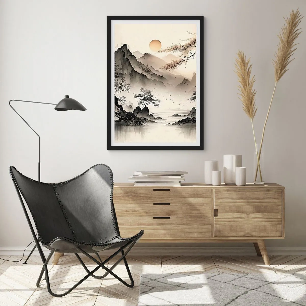 Plagát v čiernom ráme - Minimalistická horská krajina v japonskom štýle - 50x70cm - Jedinečné kúzlo orientu - Moderná nástenná dekorácia do obývacej izby a spálne ARTTOR