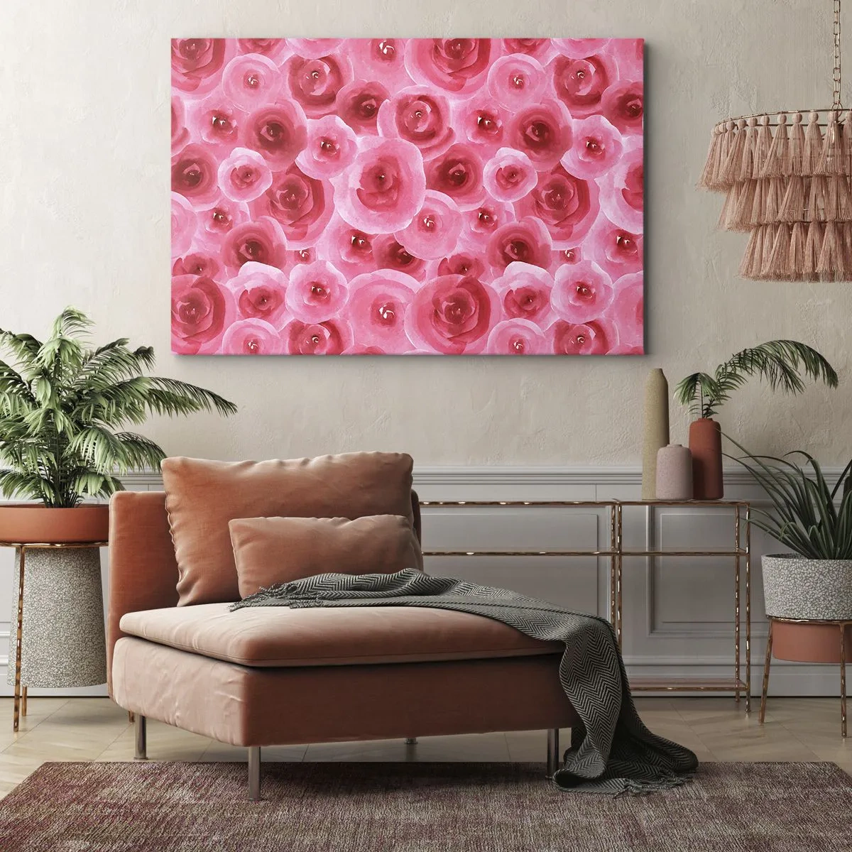 Obraz na plátne - Jemné ruže v pastelových odtieňoch ružovej - 70x50cm - Ruže dole aj hore - Moderná nástenná dekorácia do obývacej izby a spálne ARTTOR