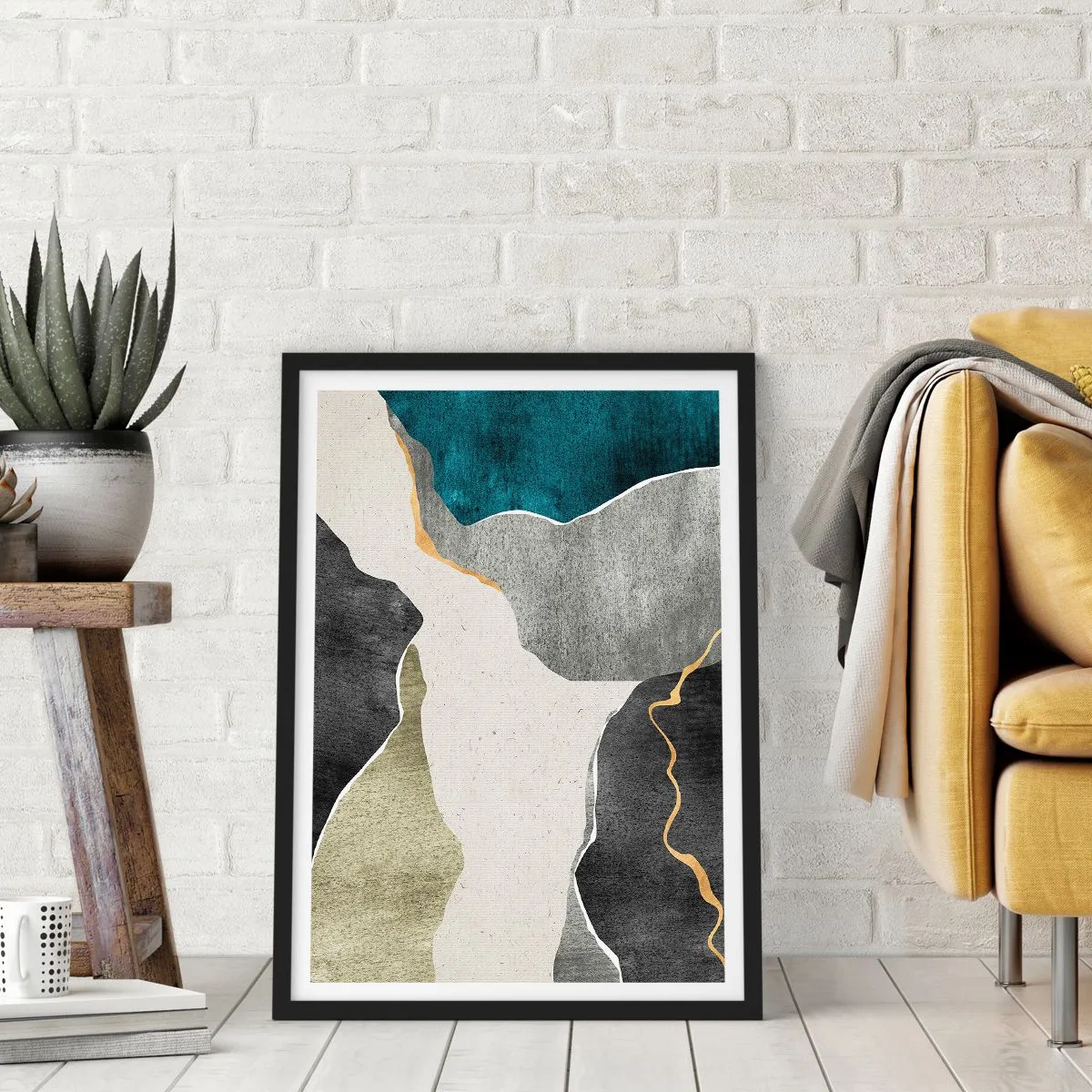 Plagát v čiernom ráme - Abstraktná kompozícia s geometrickými tvarmi - 50x70cm - Mozaiková kompozícia so zlatou niťou - Moderná nástenná dekorácia do obývacej izby a spálne ARTTOR