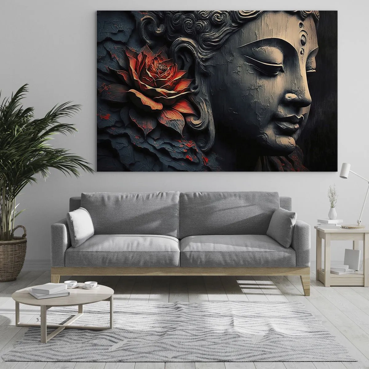 Obraz na skle - Profil meditujúcej postavy s červeným kvetom na tmavom pozadí. - 70x50cm - V súlade so svetom - Moderná nástenná dekorácia do obývacej izby a spálne ARTTOR