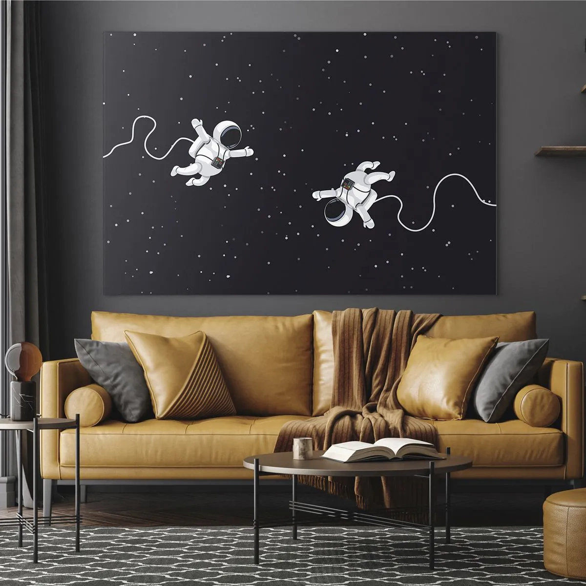 Obraz na skle - Dvaja astronauti vznášajúci sa vo vesmíre - 70x50cm - Kozmický tanec - Moderná nástenná dekorácia do obývacej izby a spálne ARTTOR