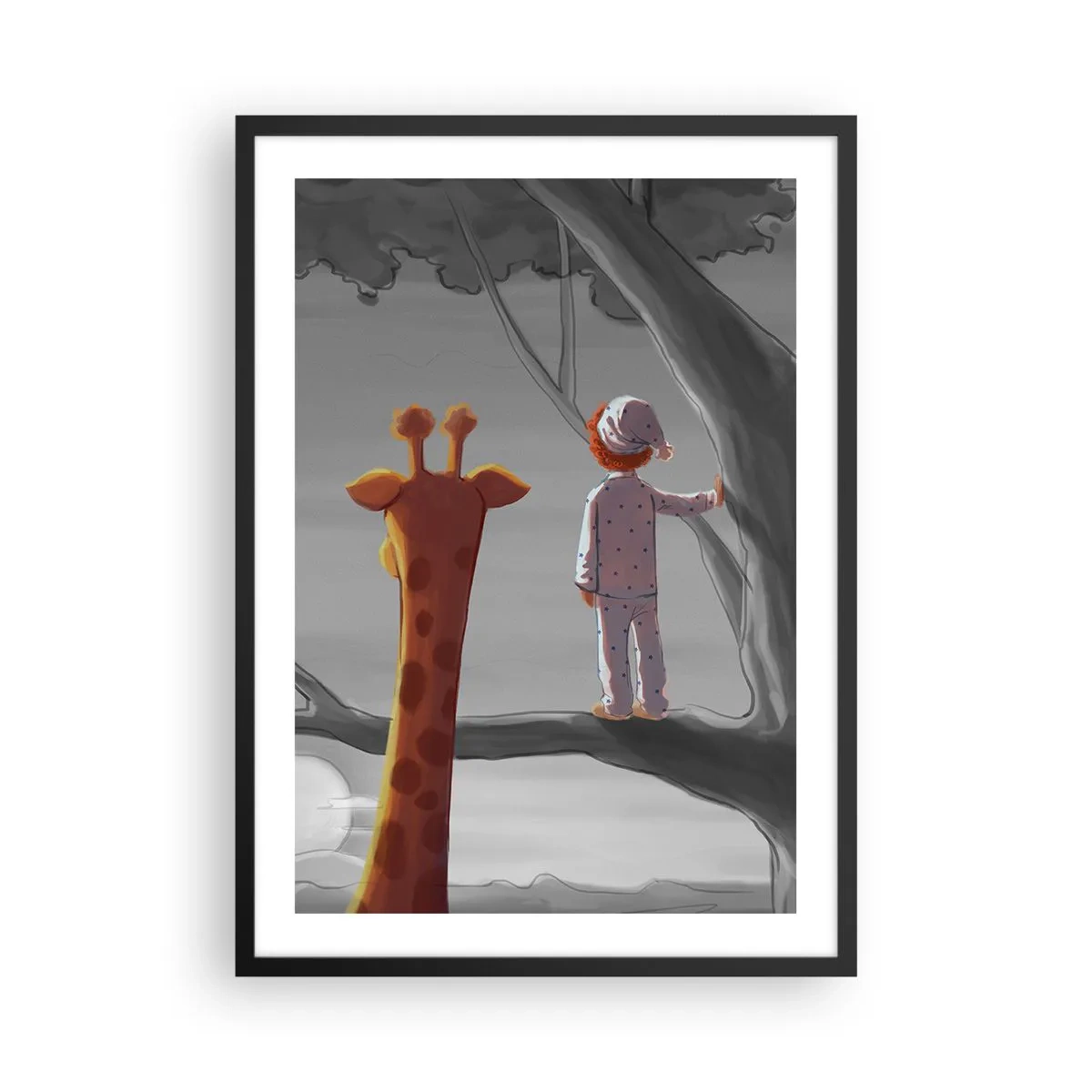 Plagát v čiernom ráme - Chlapec v pyžame a žirafa na strome v sivooranžovej krajine. - 50x70cm - To sa naozaj deje - Moderná nástenná dekorácia do obývacej izby a spálne ARTTOR