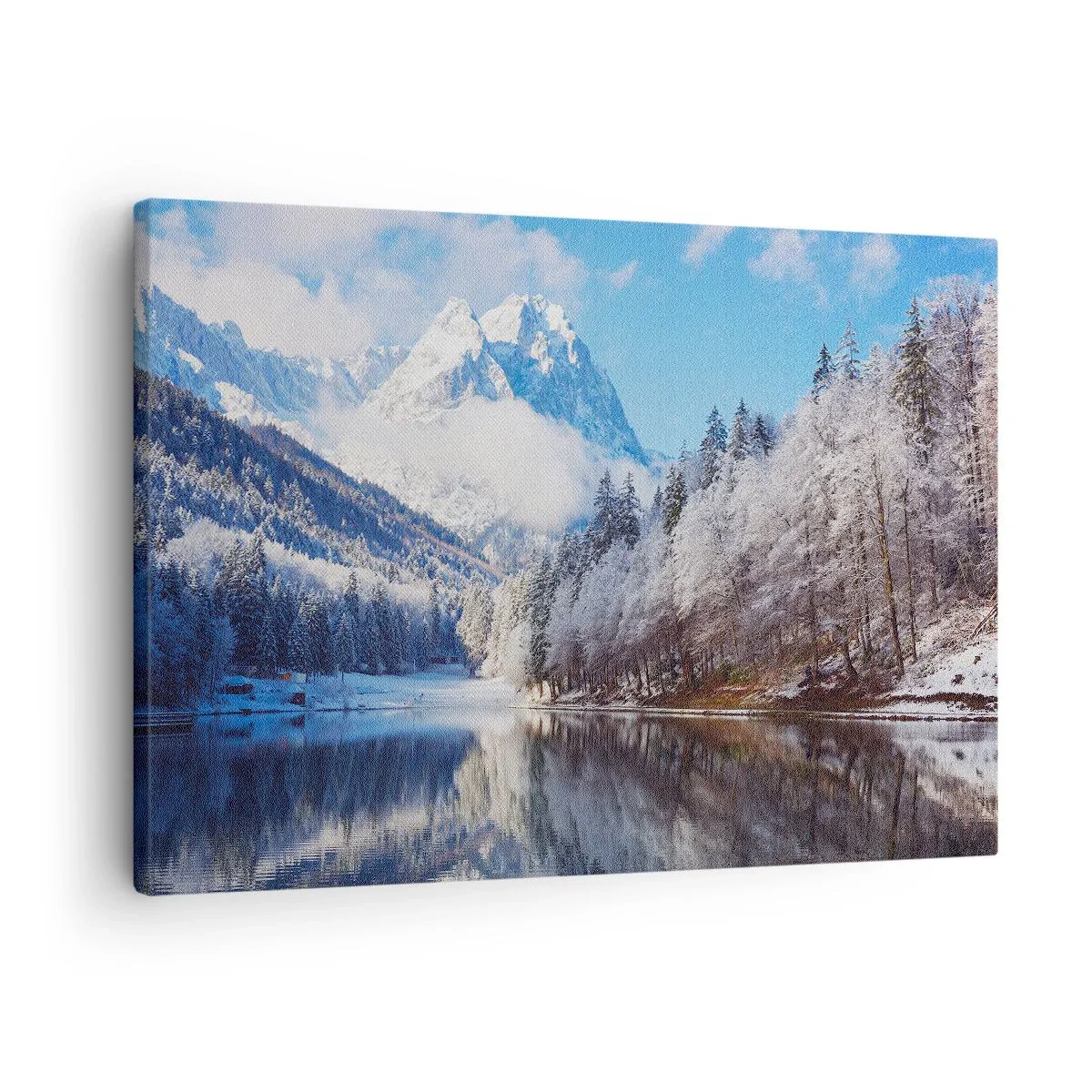 Obraz na plátne - Zimná horská krajina so zasneženými stromami a jazerom - 70x50cm - Snehová stráž - Moderná nástenná dekorácia do obývacej izby a spálne ARTTOR