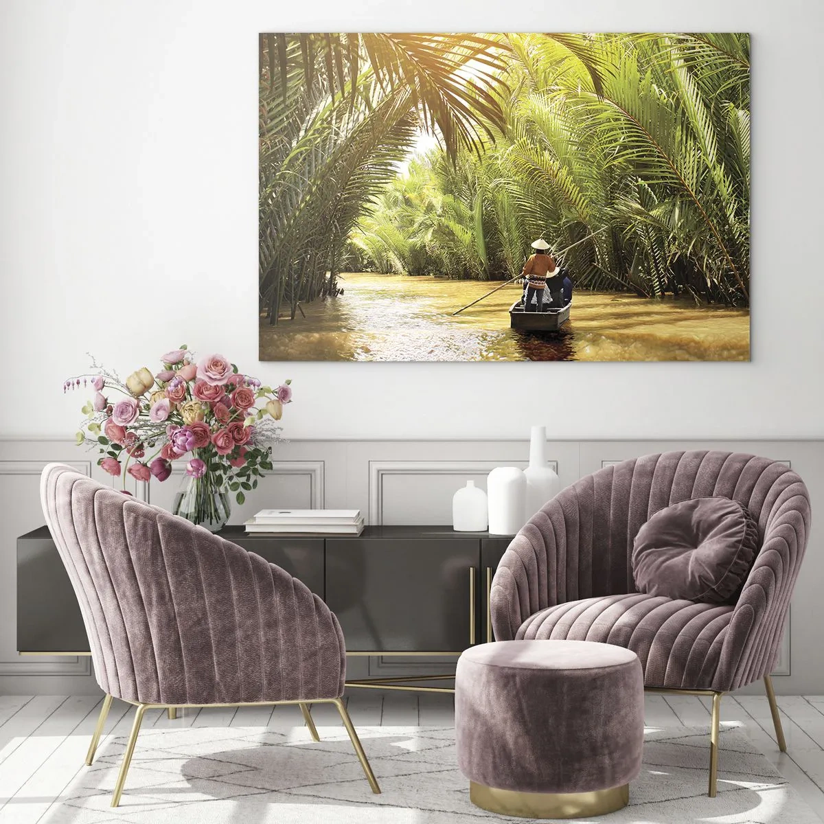 Obraz na skle - Loď s mužom veslujúcim sa plaví cez roklinu lemovanú palmami - 70x50cm - Palmovou roklinou - Moderná nástenná dekorácia do obývacej izby a spálne ARTTOR
