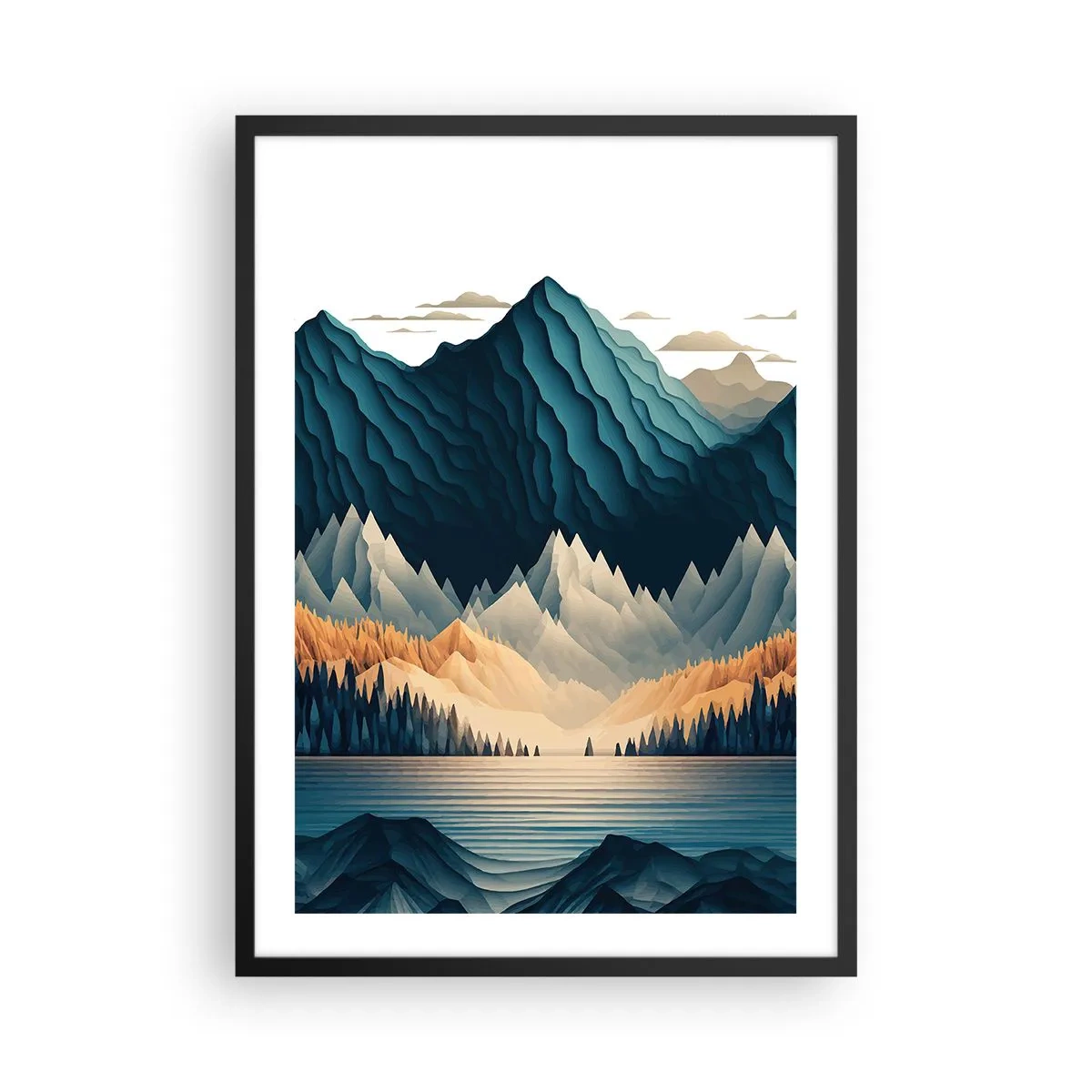 Plagát v čiernom ráme - Štylizovaná horská krajina s jazerom v odtieňoch modrej - 50x70cm - Dokonalá horská krajina - Moderná nástenná dekorácia do obývacej izby a spálne ARTTOR