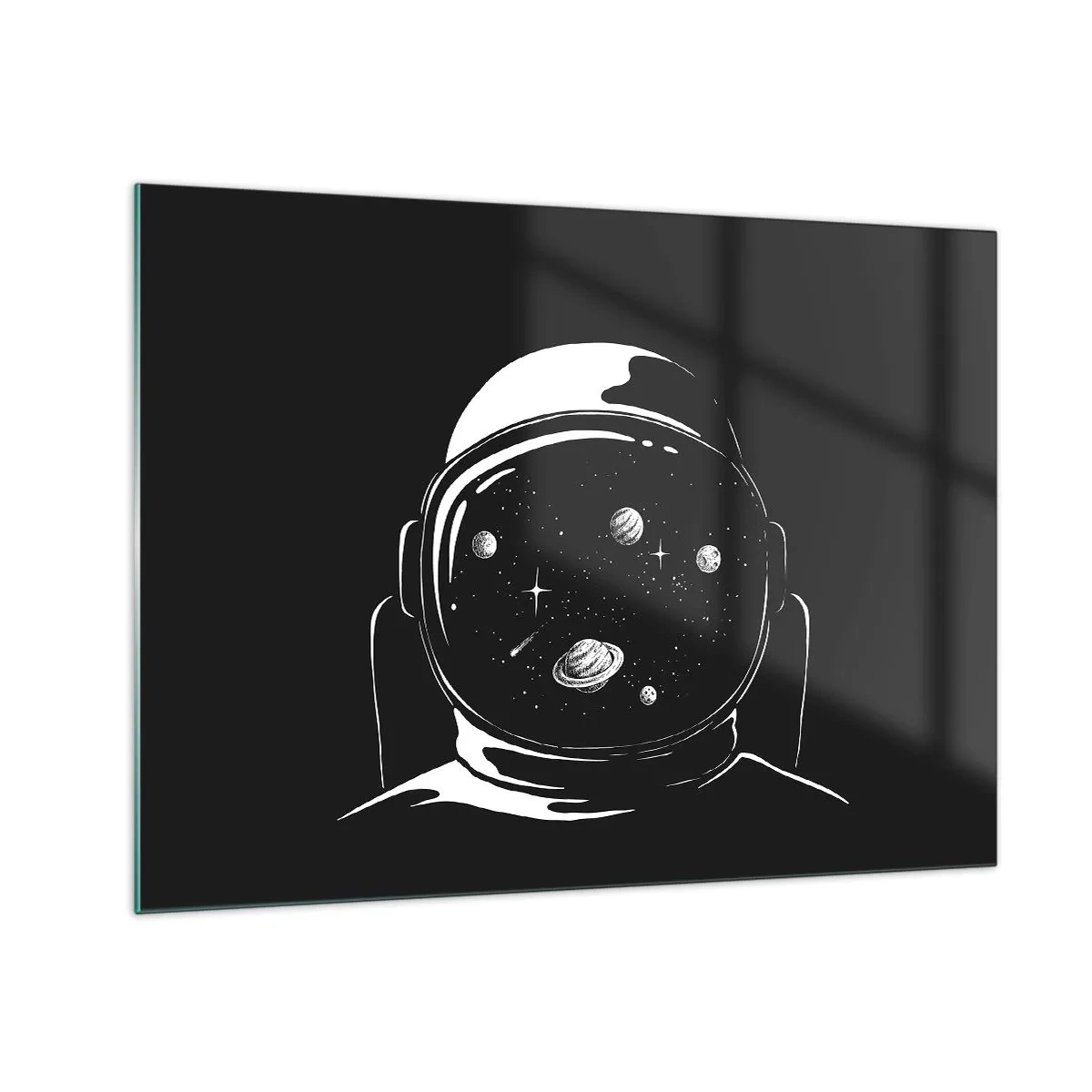 Obraz na skle - Astronaut s hviezdami a planétami v prilbe na čiernom pozadí - 70x50cm - Skvelý výhľad - Moderná nástenná dekorácia do obývacej izby a spálne ARTTOR