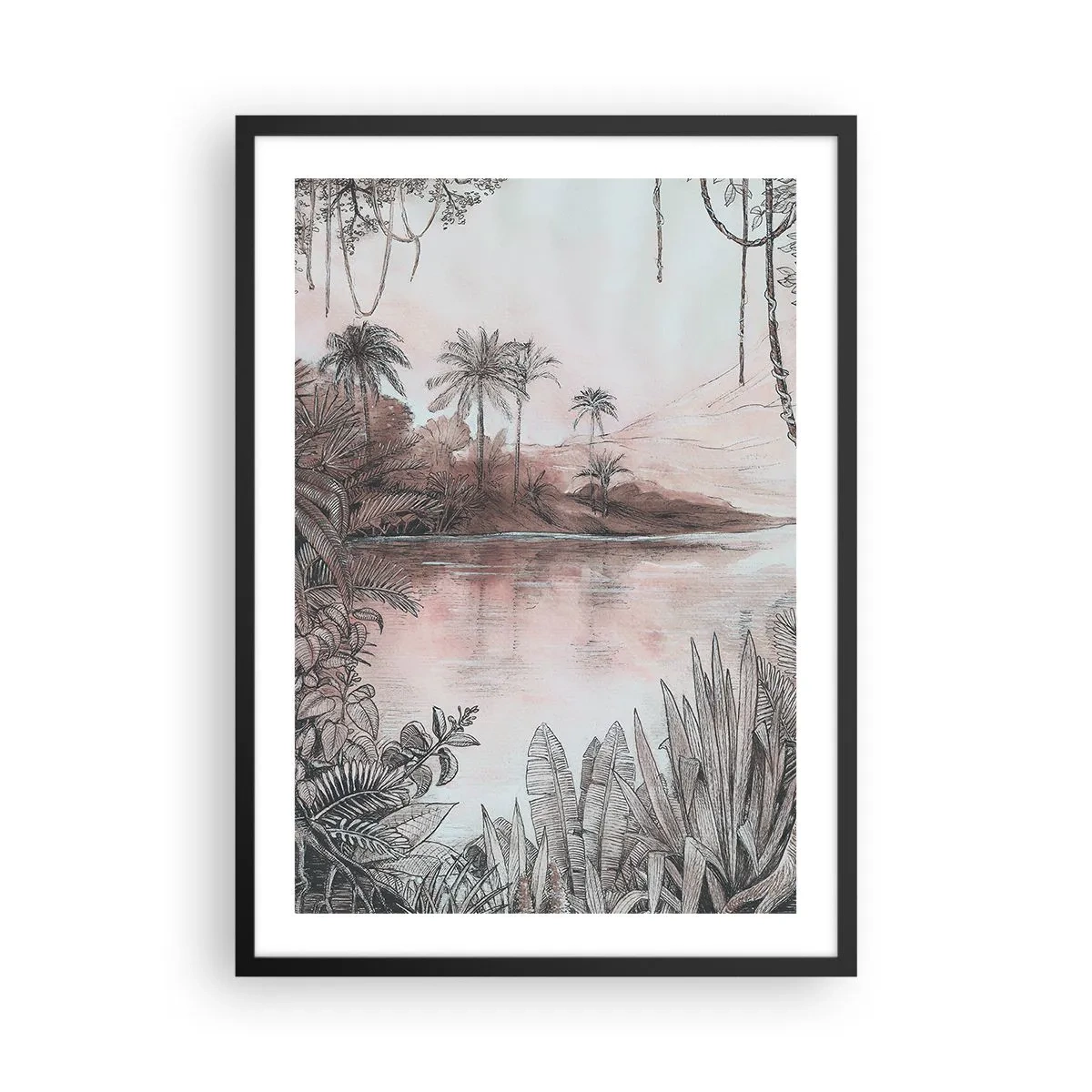 Plagát v čiernom ráme - Exotická krajina pri vode - 50x70cm - Denník cestovateľa z 19. storočia - Moderná nástenná dekorácia do obývacej izby a spálne ARTTOR