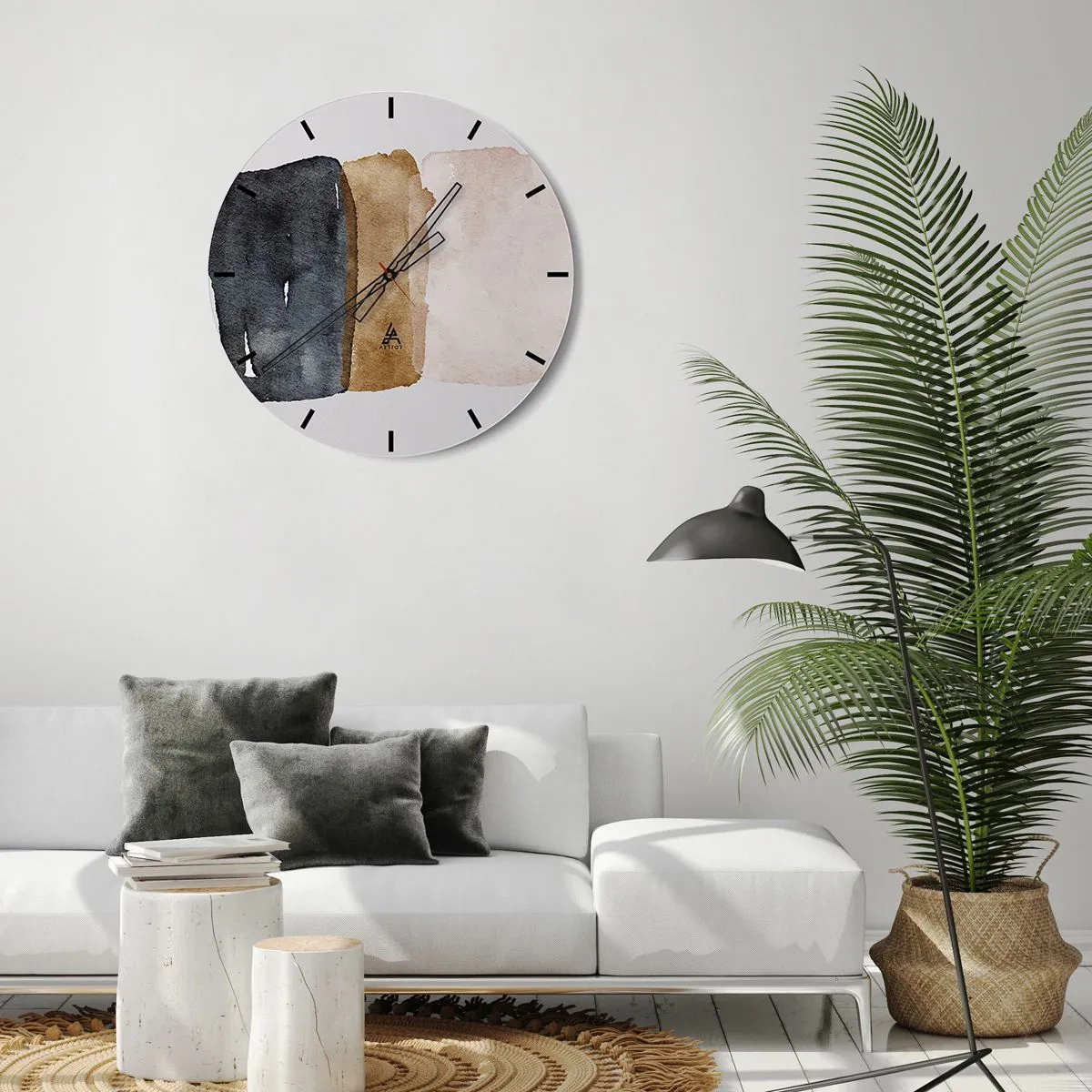 Nástenné hodiny - Tri akvarelové pruhy v odtieňoch čiernej, hnedej a béžovej - 30x30cm - Kompozícia zemitých farieb - Moderná nástenná dekorácia do obývacej izby, kuchyne a spálne ARTTOR