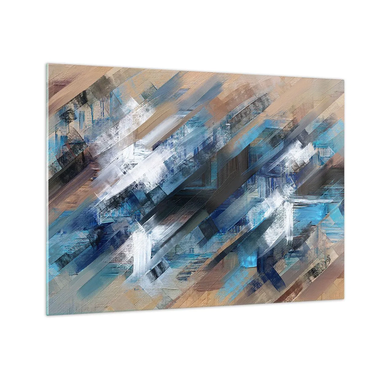 Obraz na skle - Abstraktné diagonálne pruhy v odtieňoch modrej, bielej a béžovej - 70x50cm - Modrá šikmosť - Moderná nástenná dekorácia do obývacej izby a spálne ARTTOR