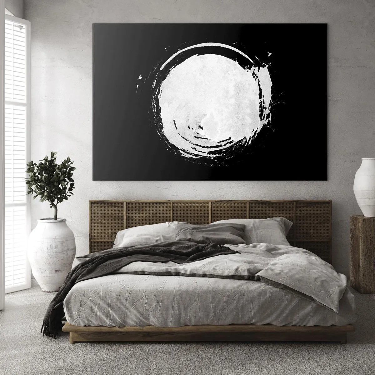Obraz na skle - Biely abstraktný kruh na čiernom pozadí - 70x50cm - Správne riešenie - Moderná nástenná dekorácia do obývacej izby a spálne ARTTOR