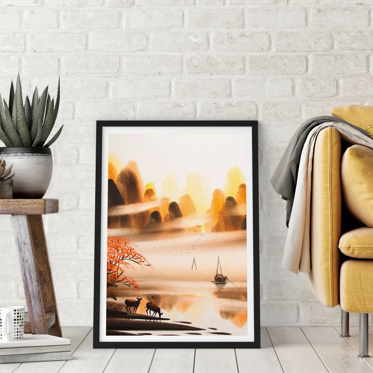 Plagát v čiernom ráme - Orientálna horská krajina v hmle s loďkou a zvieratami - 50x70cm - Ďalej ako na Ďalekom východe - Moderná nástenná dekorácia do obývacej izby a spálne ARTTOR