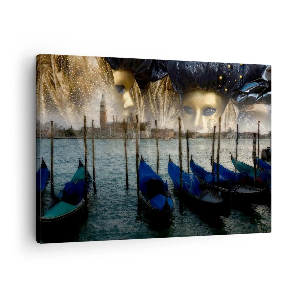Obraz na plátne - Benátske karnevalové masky a gondoly na pozadí mesta a vody - 70x50cm - Je čas začať karneval - Moderná nástenná dekorácia do obývacej izby a spálne ARTTOR