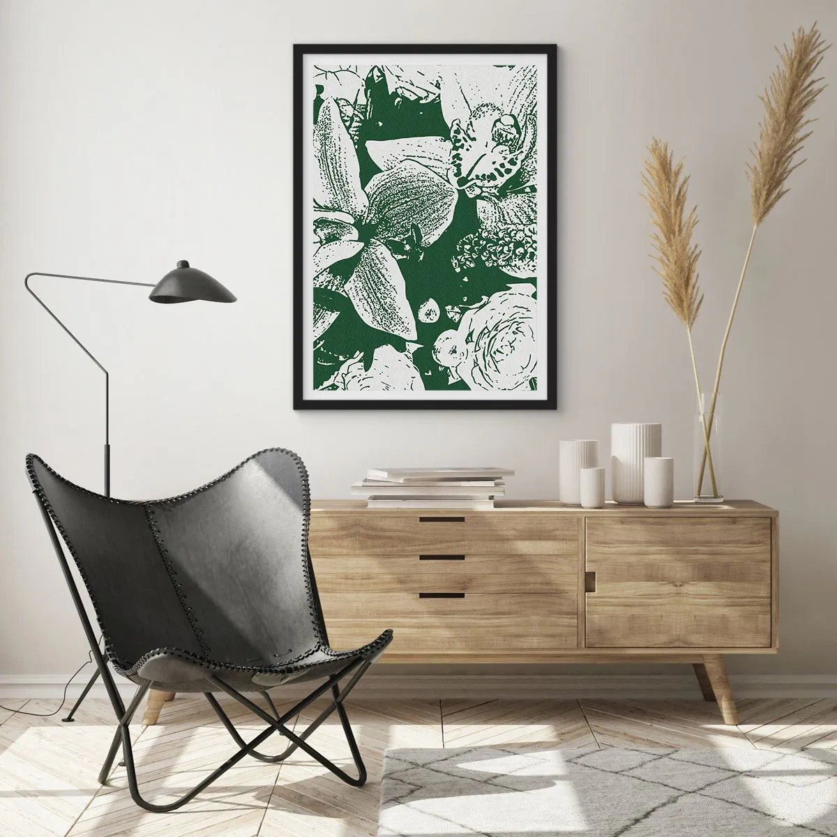 Plagát v čiernom ráme - Botanická ilustrácia kvetov a listov v kontrastných farbách - 50x70cm - Kytica – svet zelene - Moderná nástenná dekorácia do obývacej izby a spálne ARTTOR