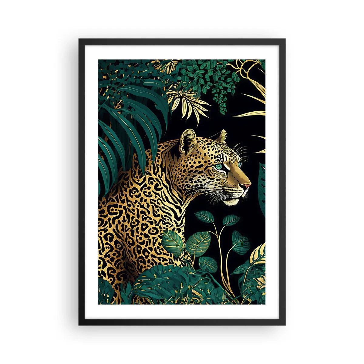 Plagát v čiernom ráme - Zlatý leopard v tropickej džungli - 50x70cm - Hospodár v džungli - Moderná nástenná dekorácia do obývacej izby a spálne ARTTOR