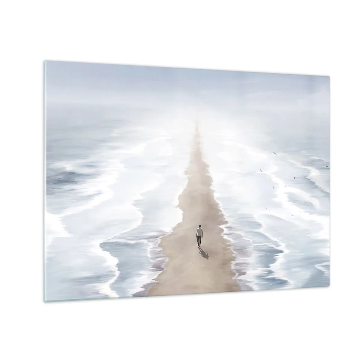 Obraz na skle - Postava kráčajúca osamote k horizontu medzi vlnami - 70x50cm - Svetlá budúcnosť - Moderná nástenná dekorácia do obývacej izby a spálne ARTTOR