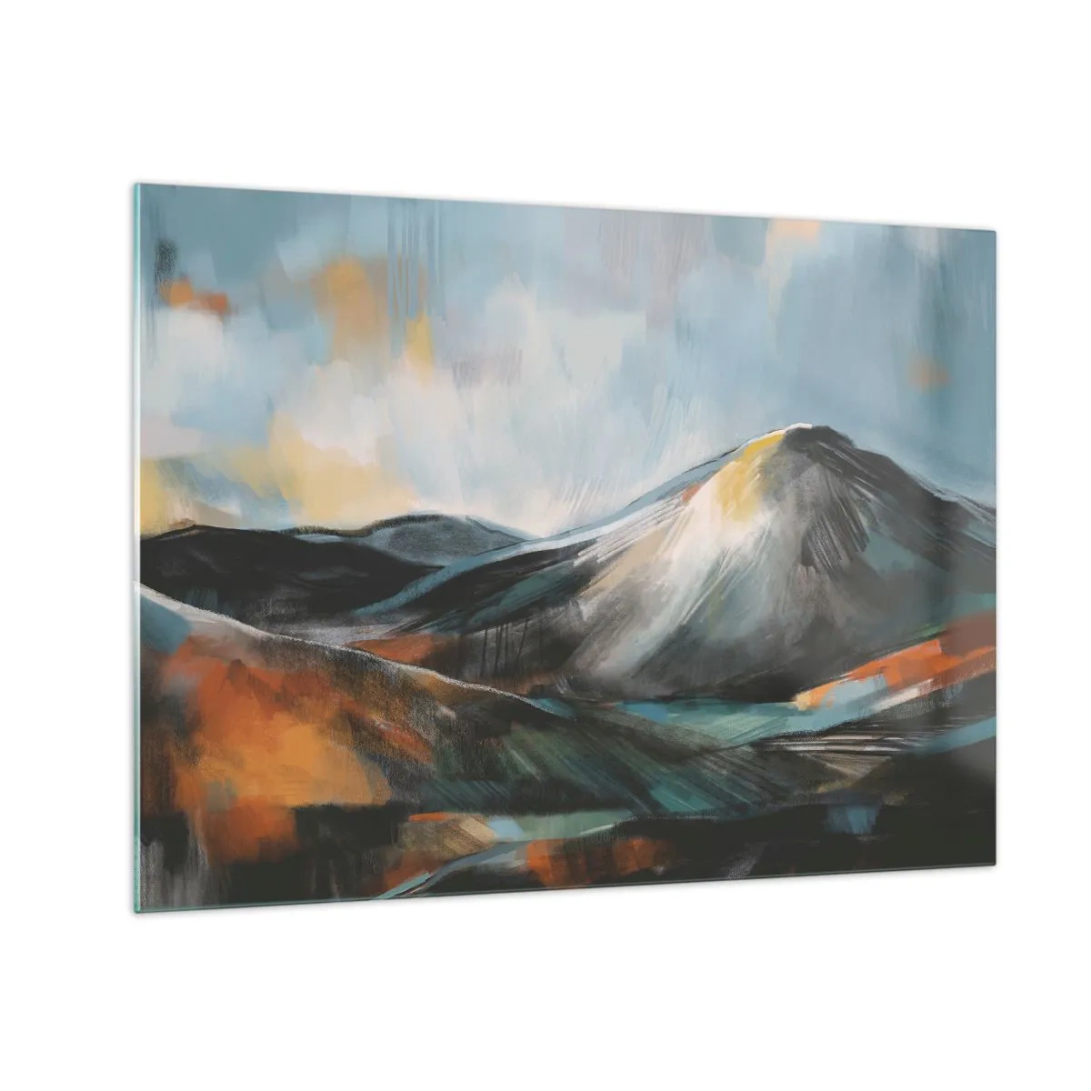 Obraz na skle - Maľovaná horská krajina v teplých a studených farbách - 70x50cm - Surové a krásne - Moderná nástenná dekorácia do obývacej izby a spálne ARTTOR