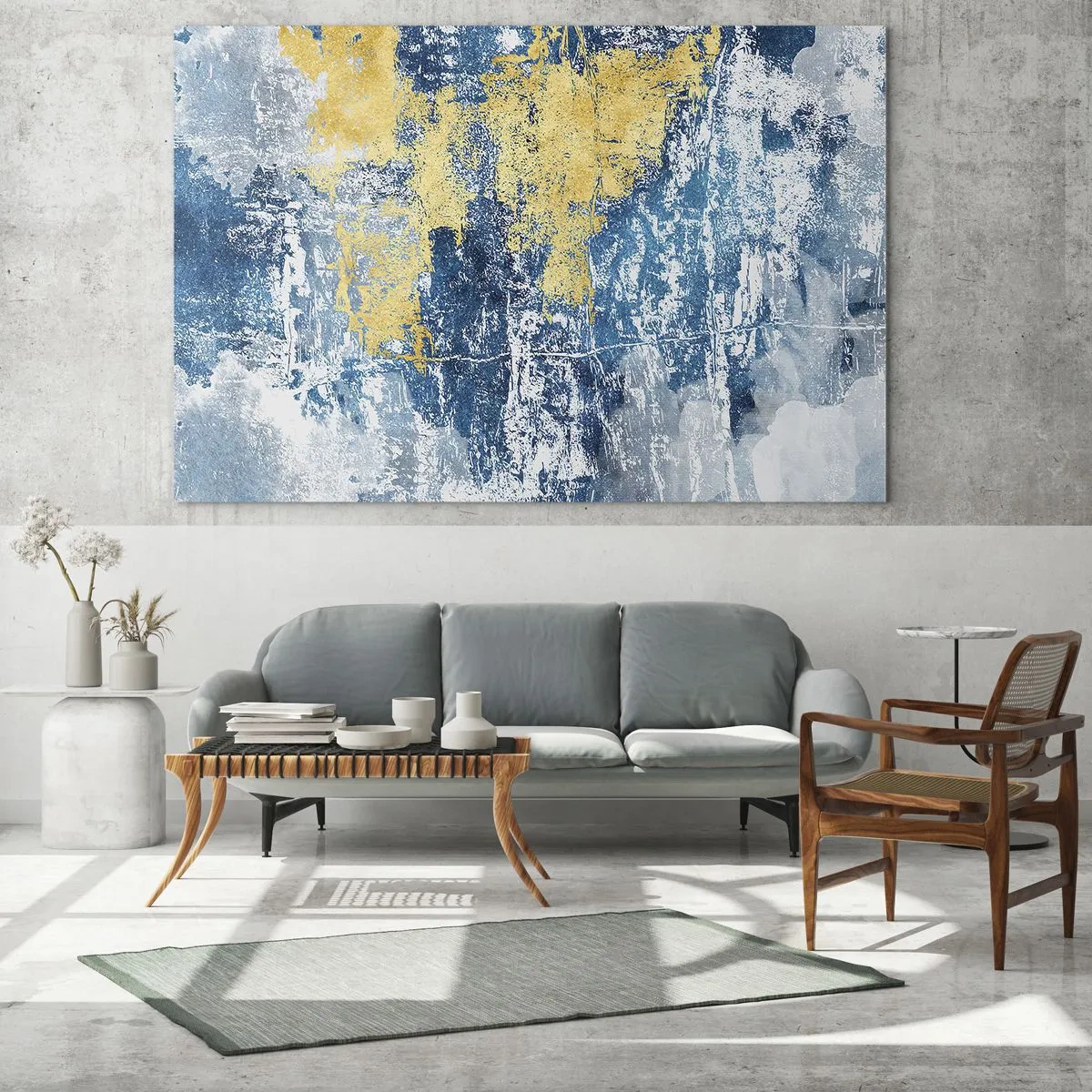 Obraz na skle - Modrá a žltá abstrakcia s efektom poškriabania a textúry - 70x50cm - Abstrakcia s dobrou náladou - Moderná nástenná dekorácia do obývacej izby a spálne ARTTOR