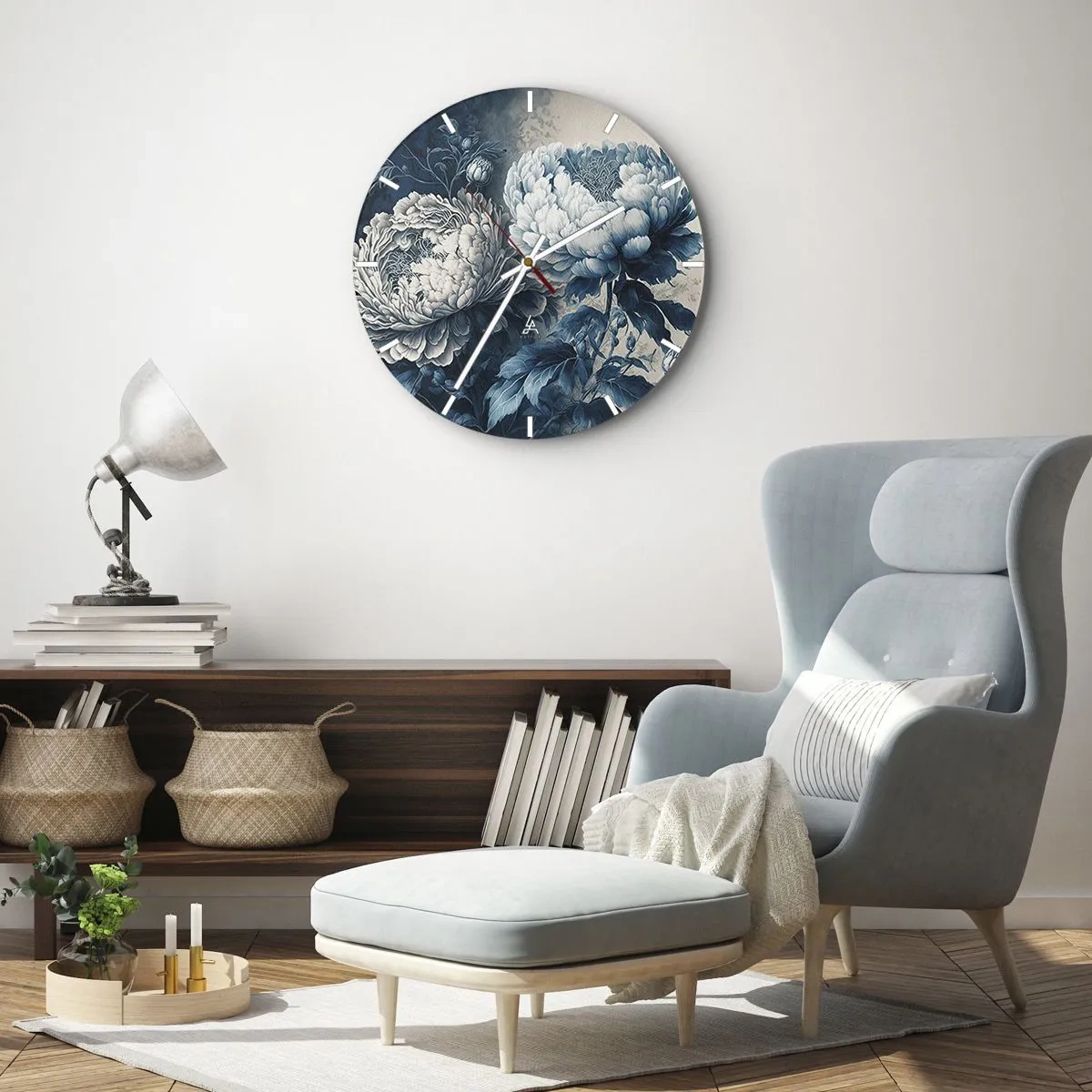 Nástenné hodiny - Ilustrácia dvoch pivoniek v odtieňoch modrej a bielej - 30x30cm - Zhodný pár - Moderná nástenná dekorácia do obývacej izby, kuchyne a spálne ARTTOR
