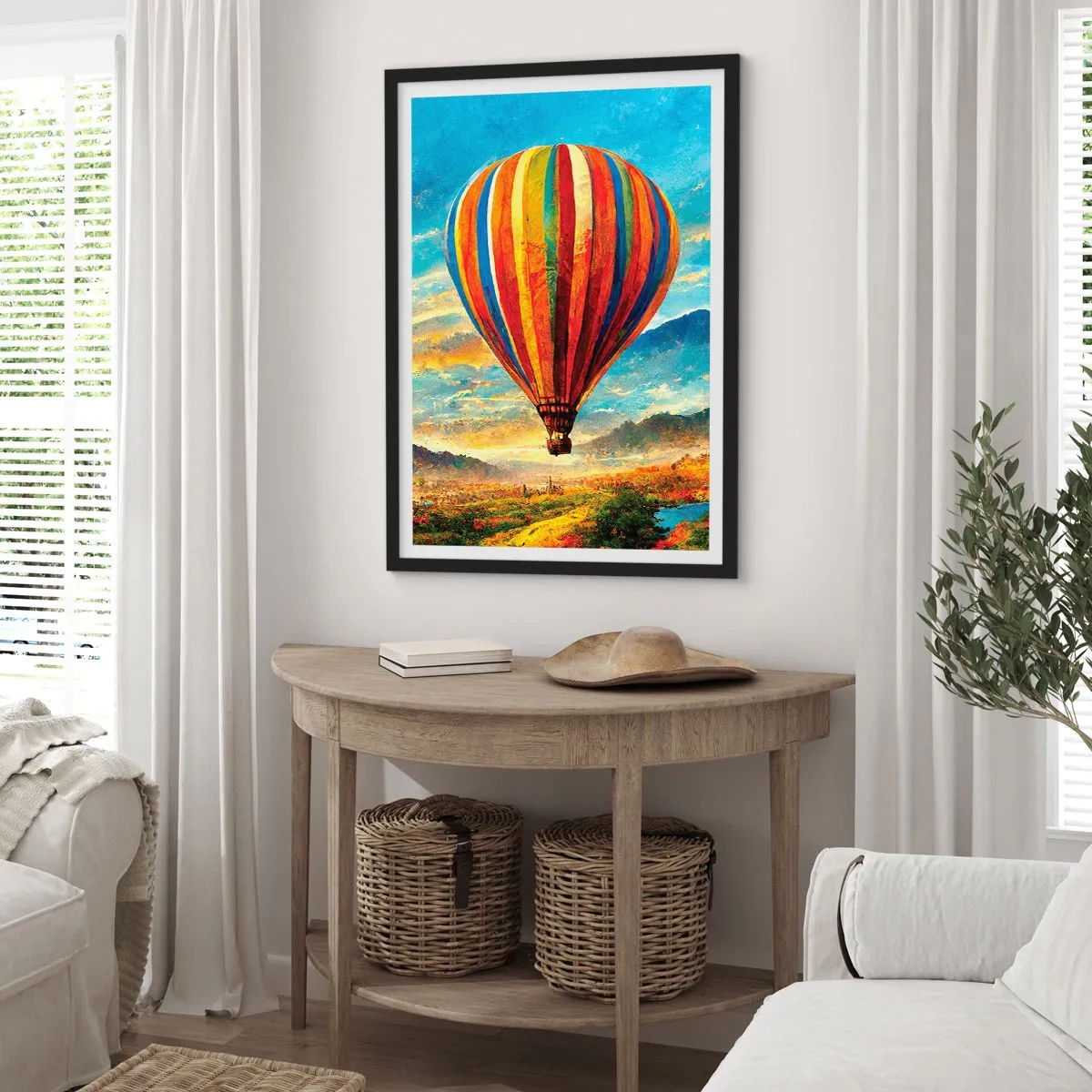 Plagát v čiernom ráme - Farebný balón nad malebnou krajinou - 50x70cm - V tichu je toho vidieť viac - Moderná nástenná dekorácia do obývacej izby a spálne ARTTOR