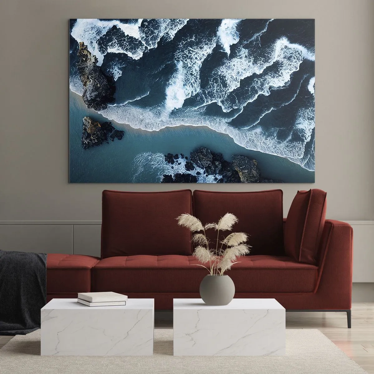 Obraz na skle - Morské vlny narážajúce na skalnaté pobrežie - 70x50cm - Zahalené do vĺn - Moderná nástenná dekorácia do obývacej izby a spálne ARTTOR