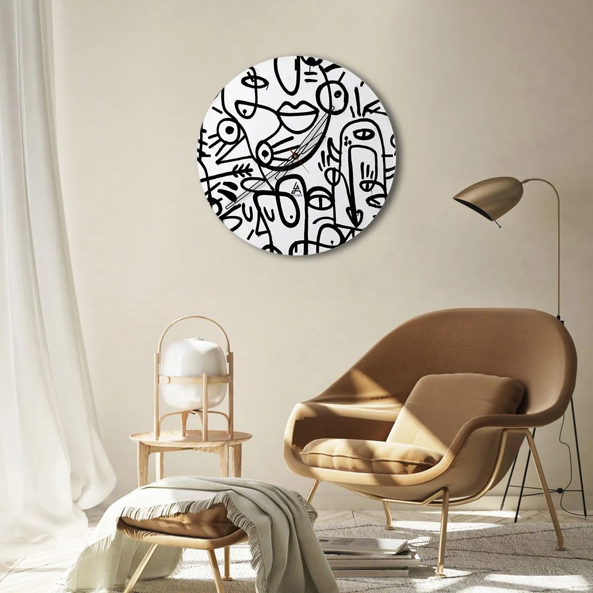 Nástenné hodiny - Abstraktné linkové umenie tvárí na bielom pozadí - 30x30cm - Tváre a preludy - Moderná nástenná dekorácia do obývacej izby, kuchyne a spálne ARTTOR