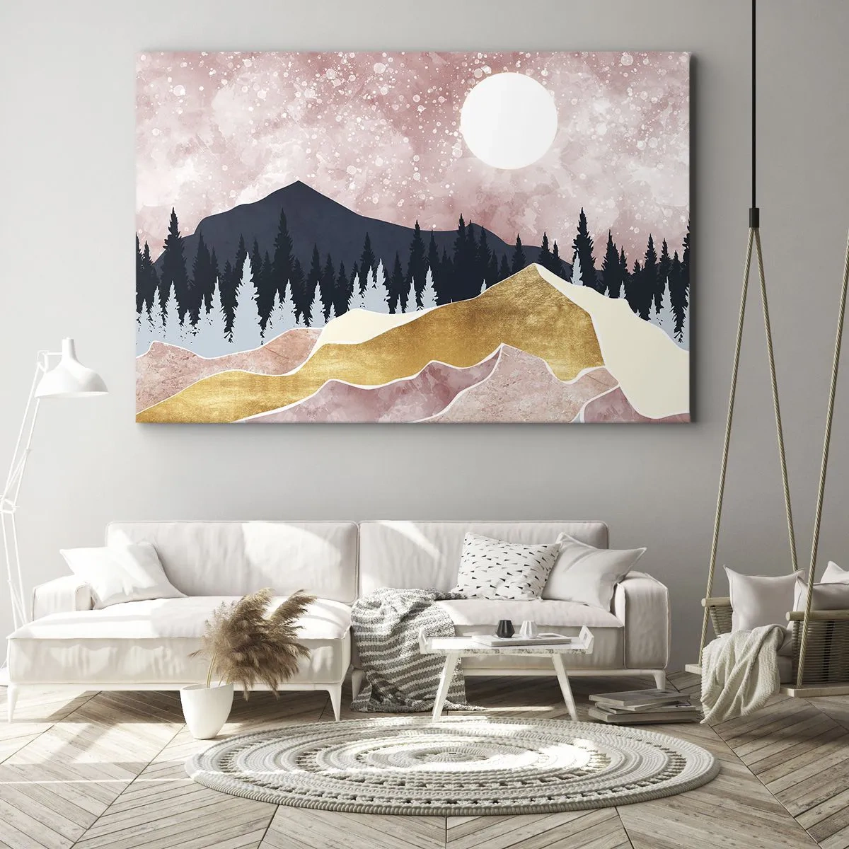 Obraz na plátne - Farebné hory proti ružovej oblohe s mesiacom - 70x50cm - Nočná hliadka - Moderná nástenná dekorácia do obývacej izby a spálne ARTTOR