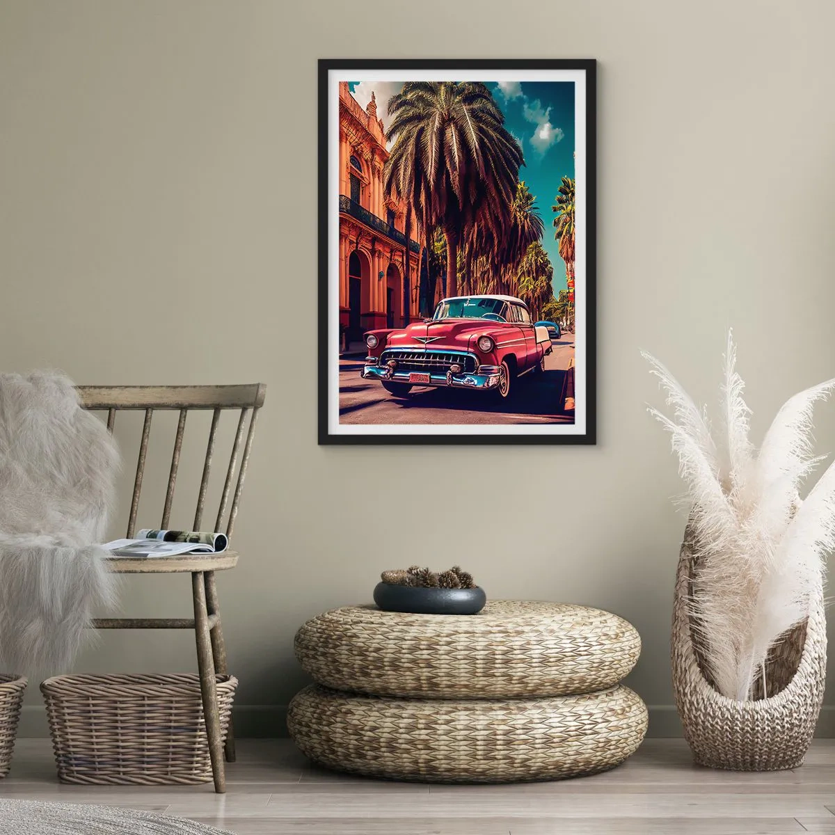 Plagát v čiernom ráme - Klasické auto na pozadí tropického mesta - 50x70cm - Stále ešte v Havane - Moderná nástenná dekorácia do obývacej izby a spálne ARTTOR