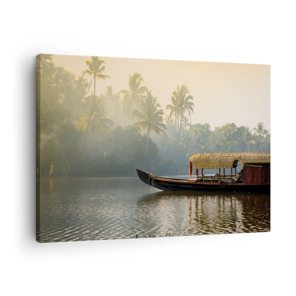 Obraz na plátne - Tradičná loď na pokojnej rieke medzi palmami - 70x50cm - Dom na rieke - Moderná nástenná dekorácia do obývacej izby a spálne ARTTOR