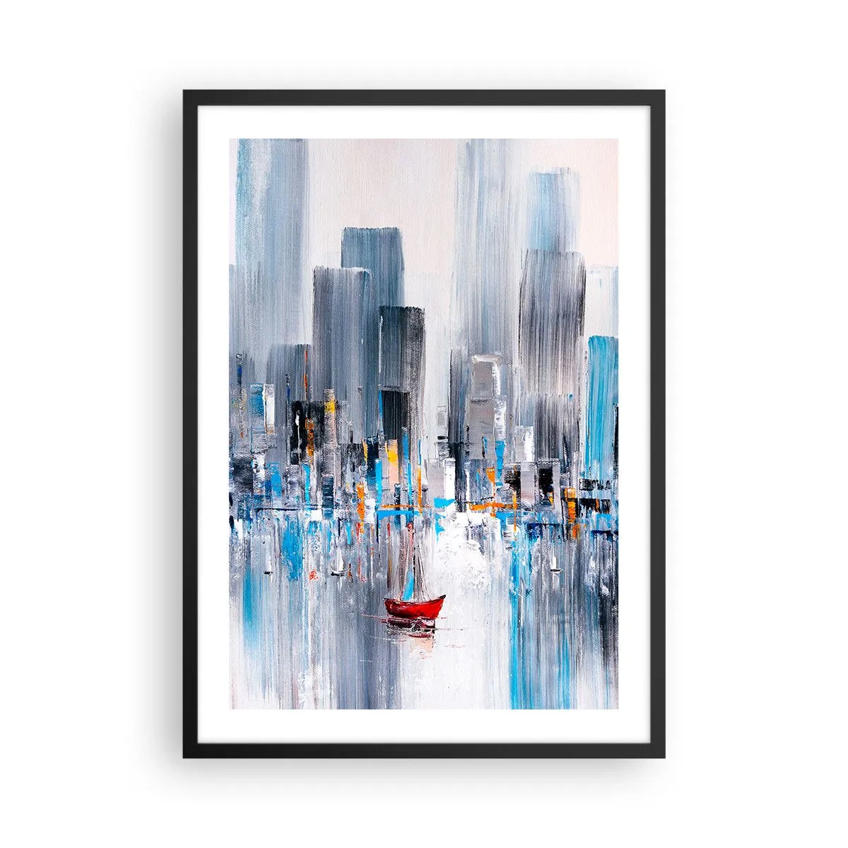 Plagát v čiernom ráme - Abstraktný obraz zobrazujúci panorámu mesta nad vodou s červenou loďkou. - 50x70cm - Metropola pri zálive - Moderná nástenná dekorácia do obývacej izby a spálne ARTTOR