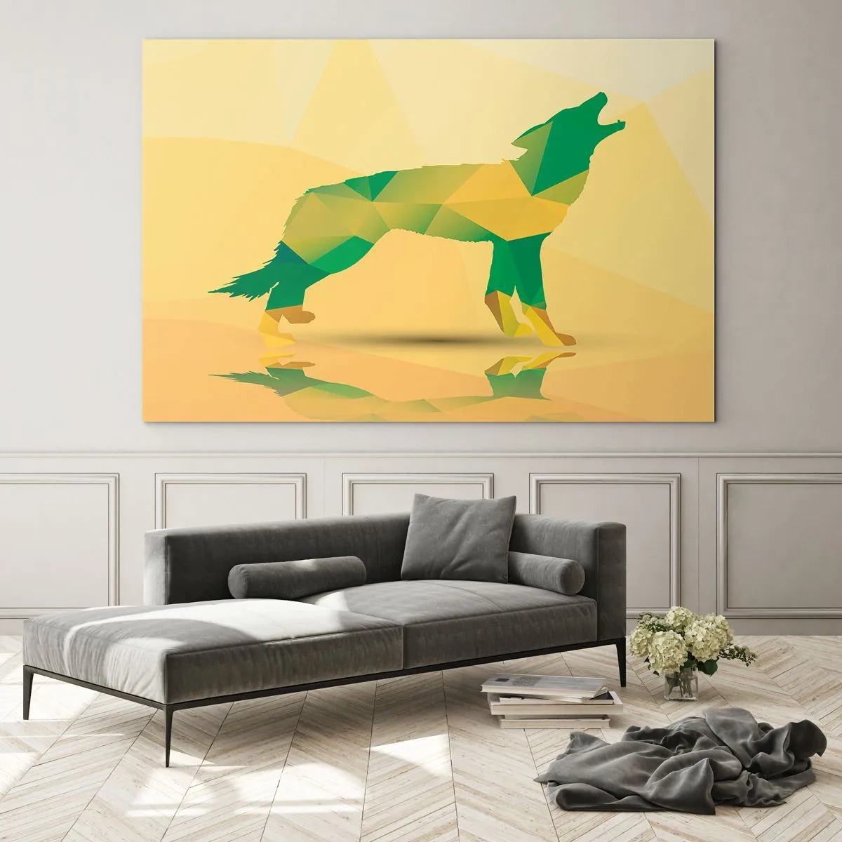 Obraz na skle - Geometrický vlk v farebnej abstrakcii - 70x50cm - Samotný vlk - Moderná nástenná dekorácia do obývacej izby a spálne ARTTOR