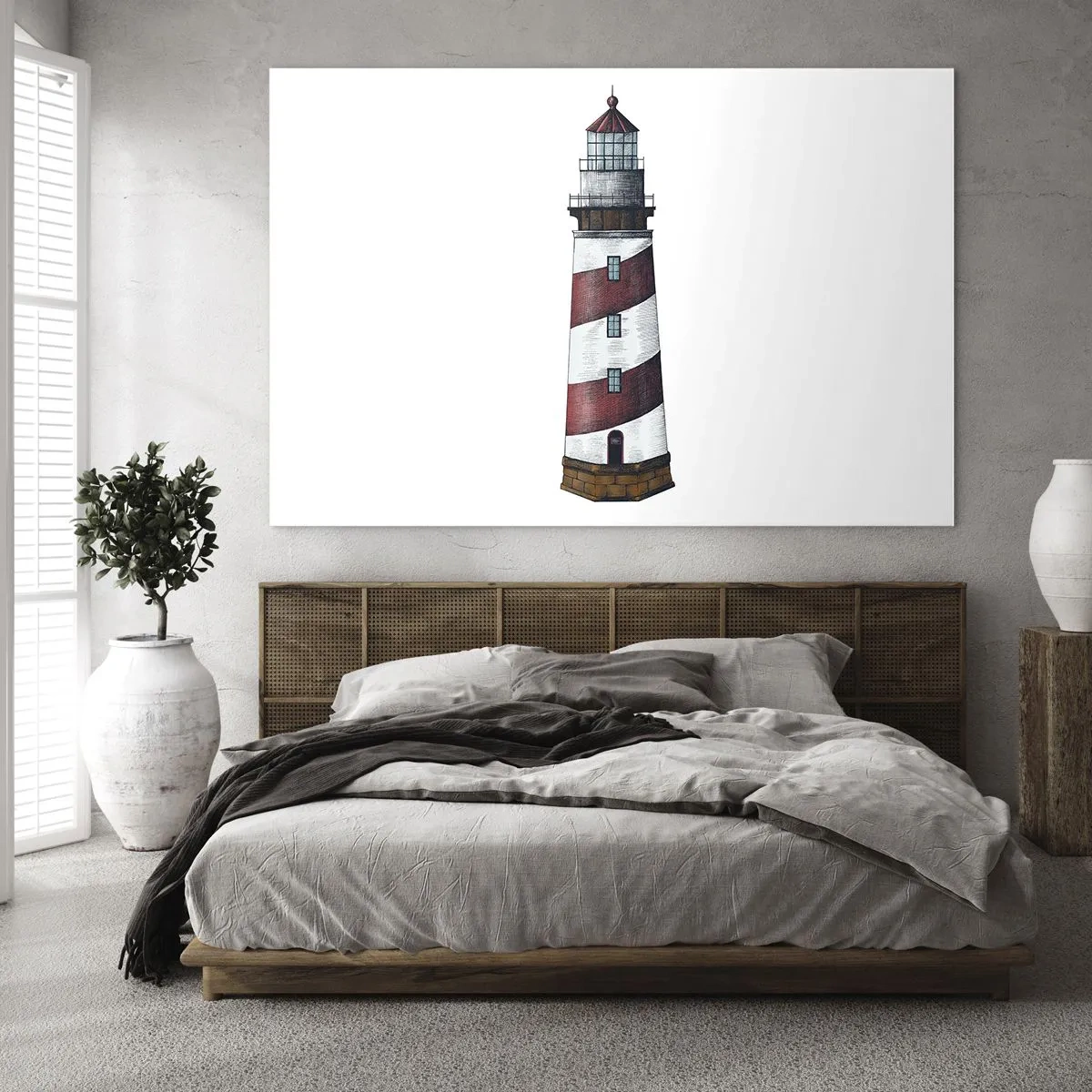Obraz na skle - Červený a biely maják na bielom pozadí - 70x50cm - Vždy na stráži - Moderná nástenná dekorácia do obývacej izby a spálne ARTTOR